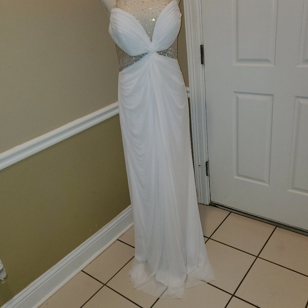 LaFemme White Goddess Front Split Gown